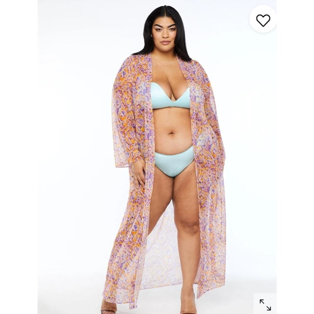 Long Kimono Duster Cover Up Purple Orange Abstract Print Lace Up Back‎ - Picture 4 of 5